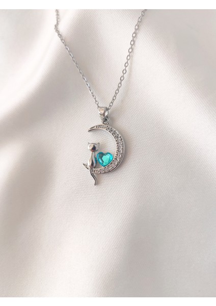 Kadın Çelik Zirkon Taşlı Hilal Kedili Kolye fiyatları