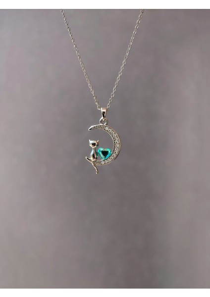 Kadın Çelik Zirkon Taşlı Hilal Kedili Kolye modelleri