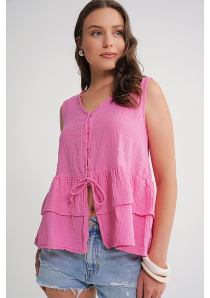 4722 Kadın V Yaka Fırfırlı Müslin Bluz Pembe fiyatları