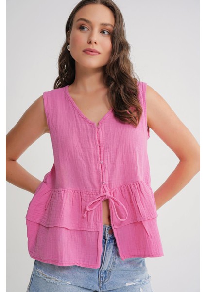 4722 Kadın V Yaka Fırfırlı Müslin Bluz Pembe modelleri