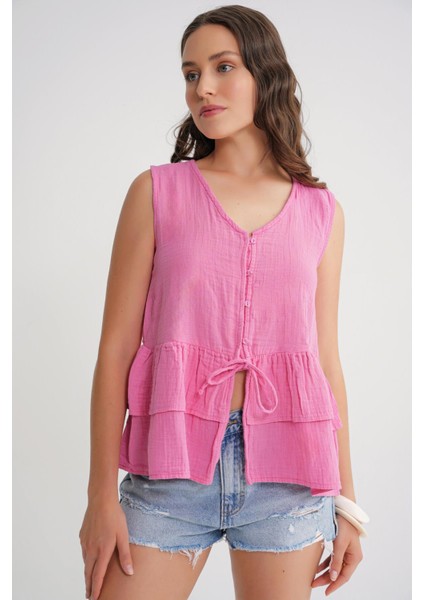 4722 Kadın V Yaka Fırfırlı Müslin Bluz Pembe fırsatları