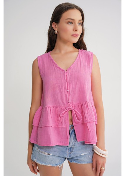 4722 Kadın V Yaka Fırfırlı Müslin Bluz Pembe indirimleri