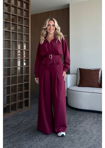 Bordo Bel Kemerli Pantolon Pensli Takım - 7278