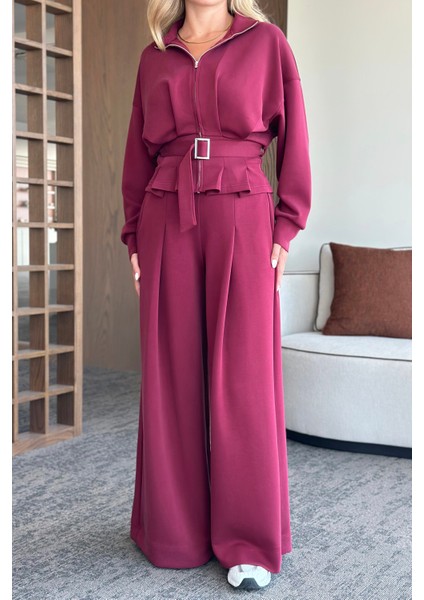 Bordo Bel Kemerli Pantolon Pensli Takım - 7278 modelleri