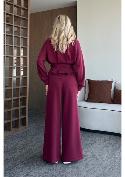 Bordo Bel Kemerli Pantolon Pensli Takım - 7278 fırsatları