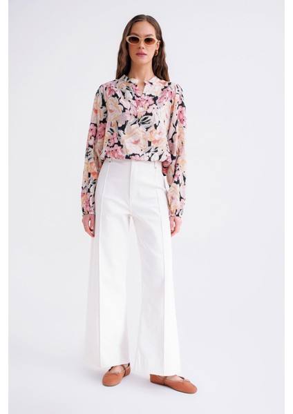4649 Kadın Hakim Yaka Çiçek Desenli Büzgülü Bluz Pembe fiyatları
