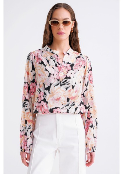 4649 Kadın Hakim Yaka Çiçek Desenli Büzgülü Bluz Pembe fırsatları
