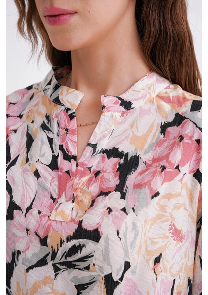 4649 Kadın Hakim Yaka Çiçek Desenli Büzgülü Bluz Pembe indirimleri