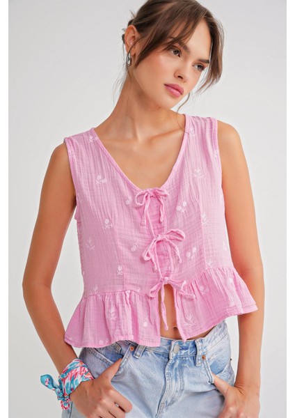 4724 Kadın Çicek Desenli Bağlamalı Müslin Bluz Pembe