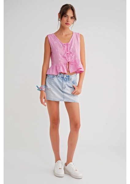 4724 Kadın Çicek Desenli Bağlamalı Müslin Bluz Pembe fiyatları