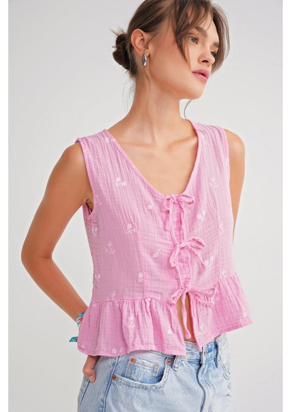 4724 Kadın Çicek Desenli Bağlamalı Müslin Bluz Pembe modelleri