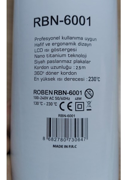 Profesyonel Saç Düzleştirci RBN-6001 ( 230°C ) modelleri