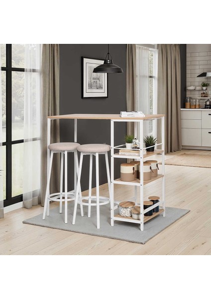 Step-Up 2 Tabureli Yüksek Ayaklı Raflı Mutfak Masa Takımı - Beyaz 100X50X100