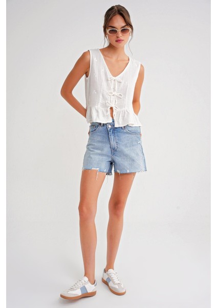 4724 Kadın Çicek Desenli Bağlamalı Müslin Bluz Ekru fiyatları