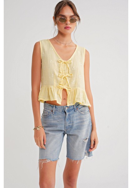 4724 Kadın Çicek Desenli Bağlamalı Müslin Bluz Sarı modelleri