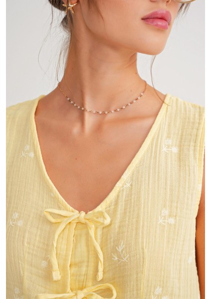 4724 Kadın Çicek Desenli Bağlamalı Müslin Bluz Sarı indirimleri