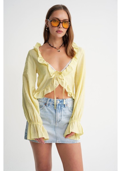 4712 Kadın Volanlı Modal Bolero Bluz Sarı