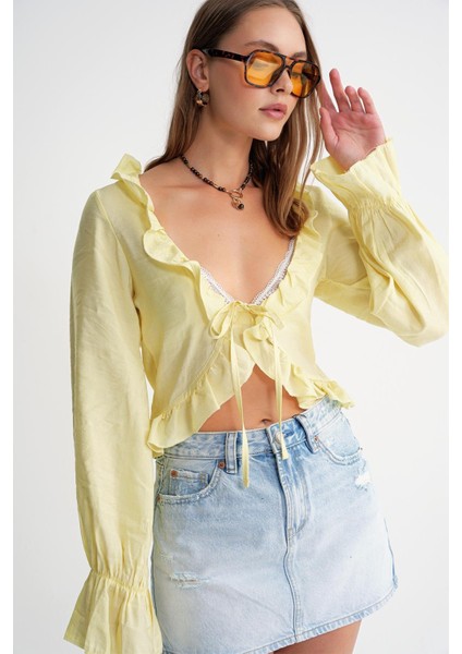 4712 Kadın Volanlı Modal Bolero Bluz Sarı fiyatları