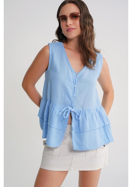 4722 Kadın V Yaka Fırfırlı Müslin Bluz Bebe Mavi fırsatları