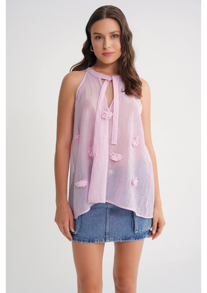 4719 Kadın Çicek Detaylı Transparan Bağlamalı Bluz Pembe