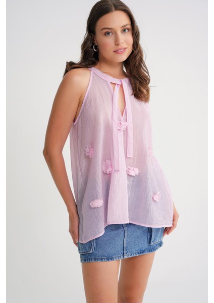 4719 Kadın Çicek Detaylı Transparan Bağlamalı Bluz Pembe modelleri