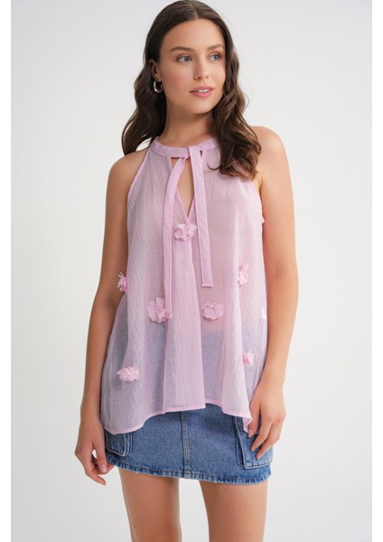 4719 Kadın Çicek Detaylı Transparan Bağlamalı Bluz Pembe fırsatları