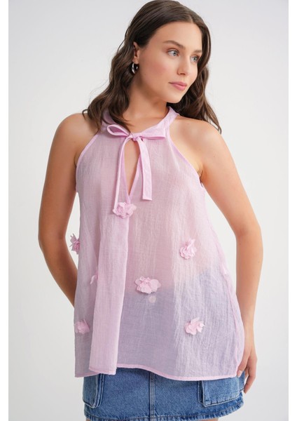 4719 Kadın Çicek Detaylı Transparan Bağlamalı Bluz Pembe indirimleri