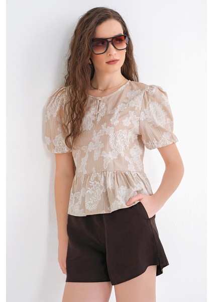 4701 Kadın Çiçek Baskılı Peplum Bluz Taş