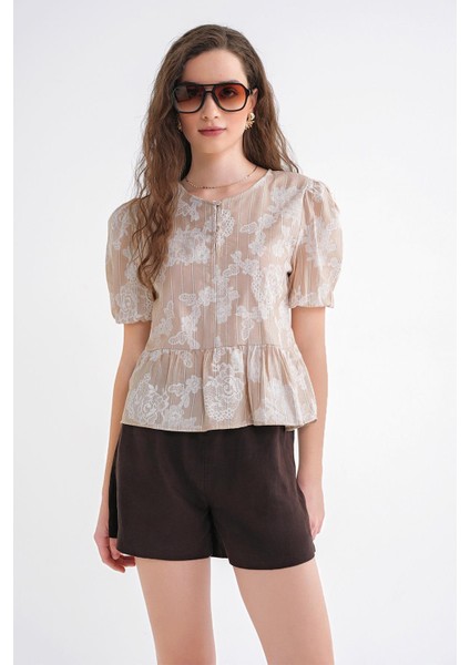 4701 Kadın Çiçek Baskılı Peplum Bluz Taş modelleri