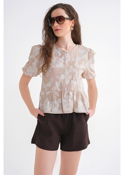 4701 Kadın Çiçek Baskılı Peplum Bluz Taş fırsatları