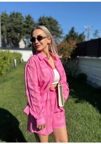 Beli Lastikli Şortlu Kadın Pembe Alt Üst Takım