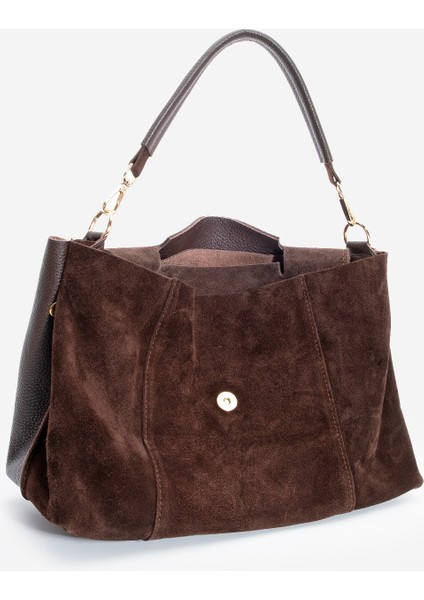 Kadın Hakiki Deri Fermuarlı Çıkabilen İç Cepli El ve Omuz Çantası Ornis Kahve Süet