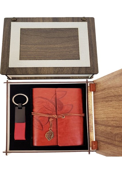 Özel Ahşap Kutulu Kiremit Rengi Deri Defter ve Anahtarlık Set modelleri