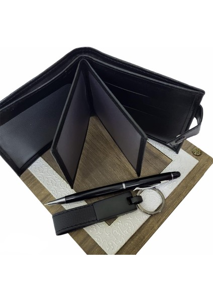 Ahşap Deri Kutulu Siyah Renk 3'lü Hediye Seti - Kalem, Cüzdan, Anahtar fırsatları