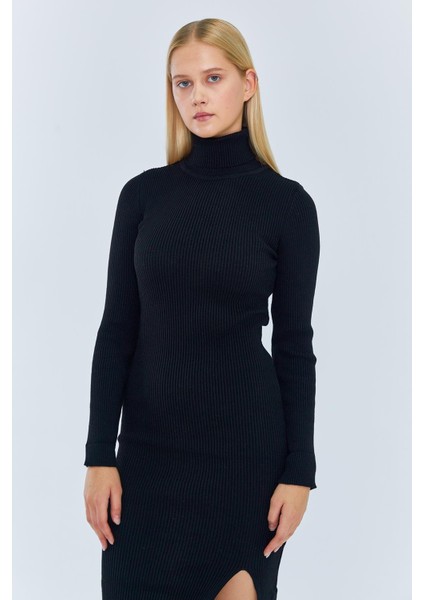 6889 Kadın Balıkçı Yırtmaçlı Uzun Triko Elbise Siyah modelleri