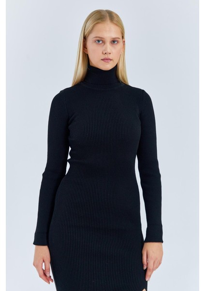 6889 Kadın Balıkçı Yırtmaçlı Uzun Triko Elbise Siyah indirimleri