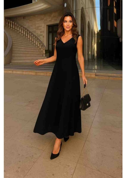 Kadın Kolsuz V Yakalı Maksi Boy Ithal Keten Elbise, Kırmızı Gül Figürlü Kolye Hediye