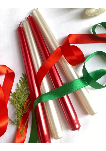 4'lü Metalik Kırmızı ve Inci Beyaz-Şamdan Mum-Konik Mum