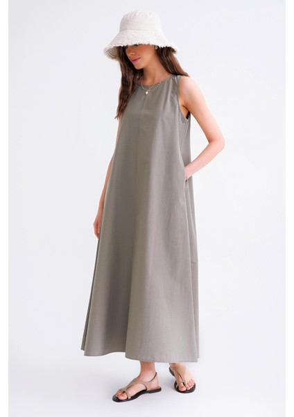 4690 Kadın Bisiklet Yaka Sıfır Kol Midi Paraşüt Elbise Haki fiyatları