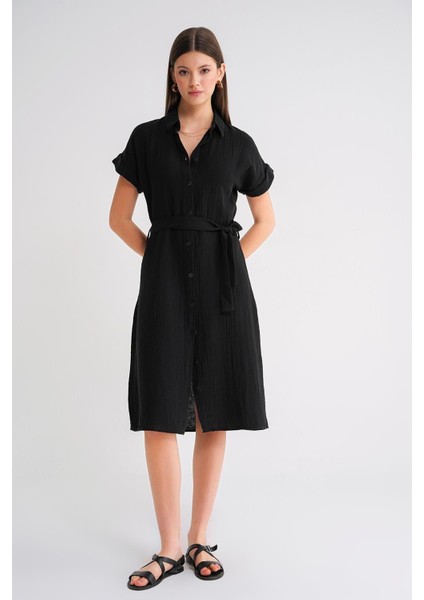 3972 Kadın Kemerli Kısa Kol Gömlek Yaka Midi Elbise Siyah