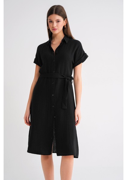 3972 Kadın Kemerli Kısa Kol Gömlek Yaka Midi Elbise Siyah indirimleri