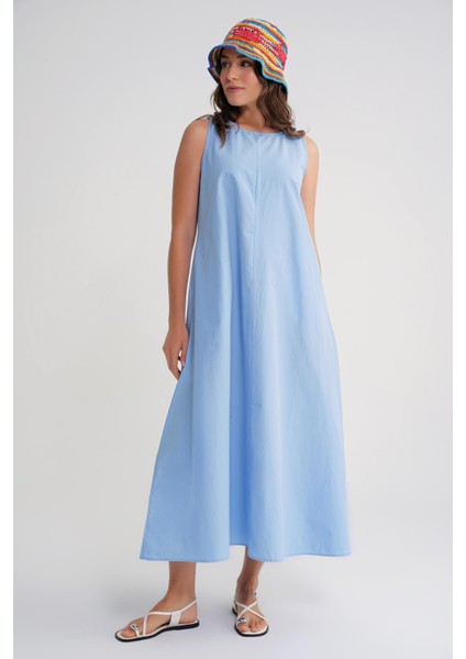 4690 Kadın Bisiklet Yaka Sıfır Kol Midi Paraşüt Elbise Bebe Mavi fiyatları