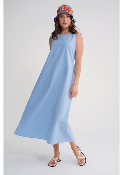 4690 Kadın Bisiklet Yaka Sıfır Kol Midi Paraşüt Elbise Bebe Mavi fırsatları