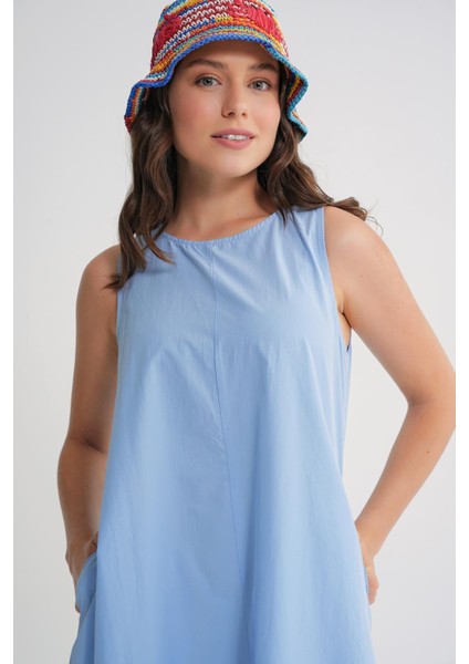 4690 Kadın Bisiklet Yaka Sıfır Kol Midi Paraşüt Elbise Bebe Mavi indirimleri