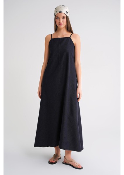 4687 Kadın Ip Askılı Midi Denim Elbise Lacivert fiyatları