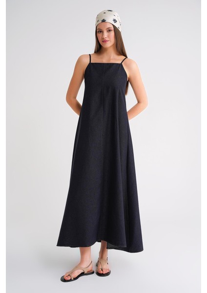 4687 Kadın Ip Askılı Midi Denim Elbise Lacivert fırsatları