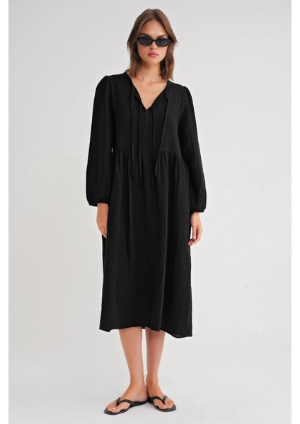 4739 Kadın Yakası Bağlamalı Müslin Midi Elbise Siyah modelleri