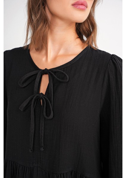 4739 Kadın Yakası Bağlamalı Müslin Midi Elbise Siyah indirimleri