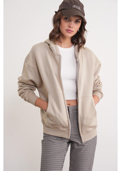 2023 Unisex 3iplik Basic Polarlı Fermuarlı Sweatshirt Hoodie Bej
