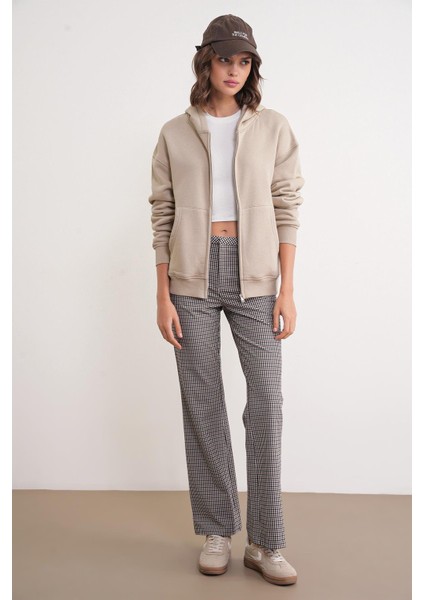 2023 Unisex 3iplik Basic Polarlı Fermuarlı Sweatshirt Hoodie Bej fiyatları